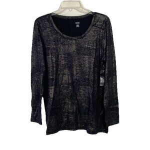 Ana A New Approach Womens Black & Silver Foil Crew Neck L/S Casual Stretch Top L